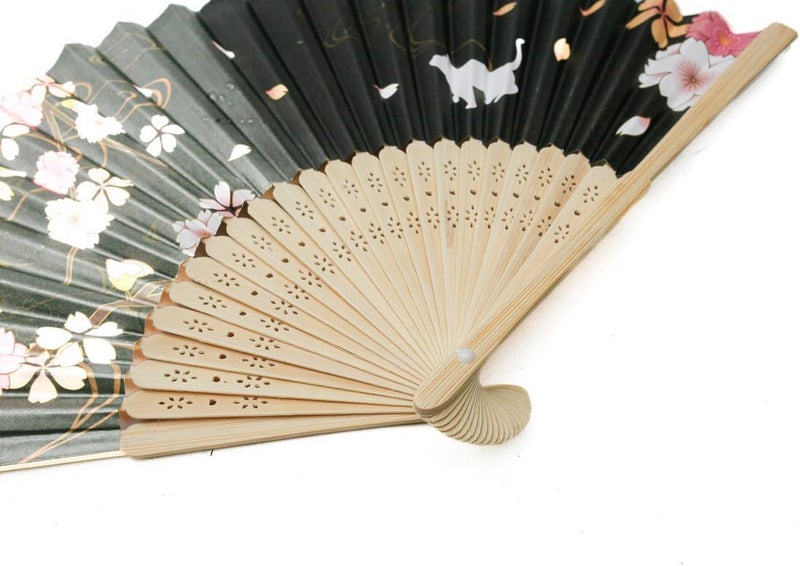 Daiso Paper Folding Fan - 21cm (8.26in) - Cat and Cherry Blossom Design - Image 2